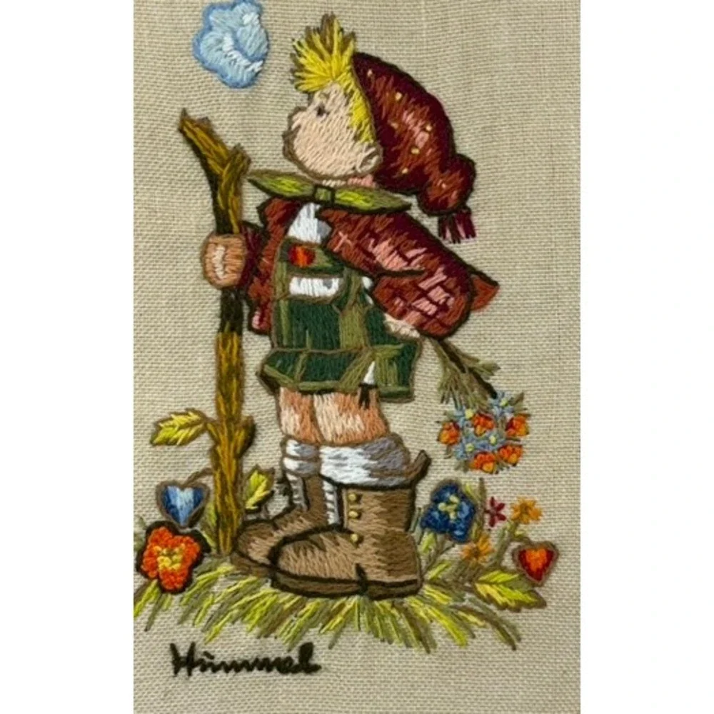 Vintage Hummel Little Hiker Needlepoint Framed Art Happy Go Lucky 13x11 Oval
